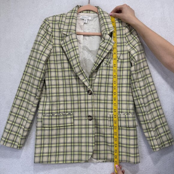 Topshop Blazer Womens US 2 Beige Neon Yellow Plaid Two Button Lined 17B17MULT - Picture 2 of 12
